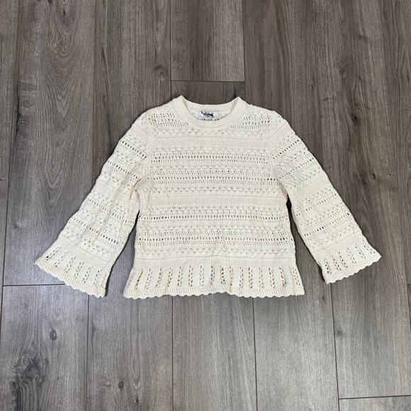 Madewell Scalloped-Trim Sweater Tee Sz 2XS Sand Crewneck Crop Open Knit Pullover - Picture 5 of 9